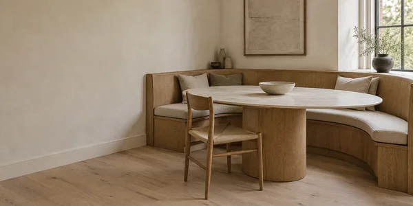 A warm neutral dining nook with a curved oak banquette, pale upholstered cushions, an oval stone table and a single oak chair.