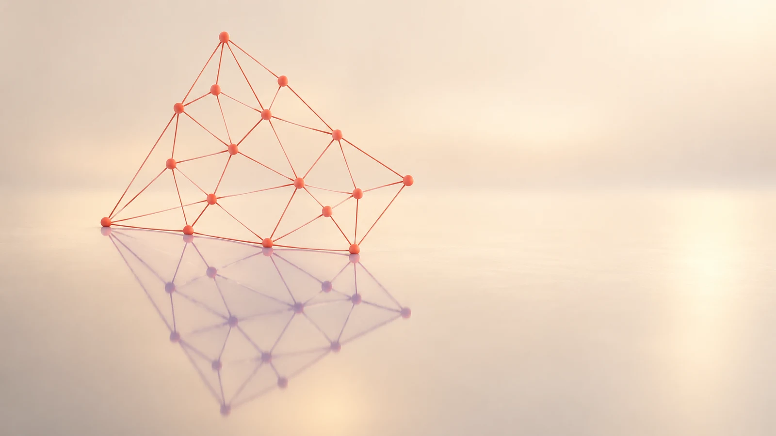 A coral-colored network of spherical nodes and slender connecting lines forms an irregular triangular mesh above a pale champagne surface, with a soft…