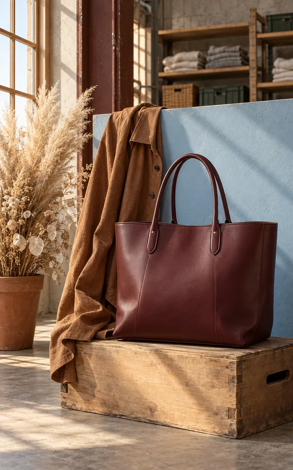 A deep burgundy leather tote sits on a wooden packing crate in front of a pale blue partition, with a caramel-brown shirt draped behind it.