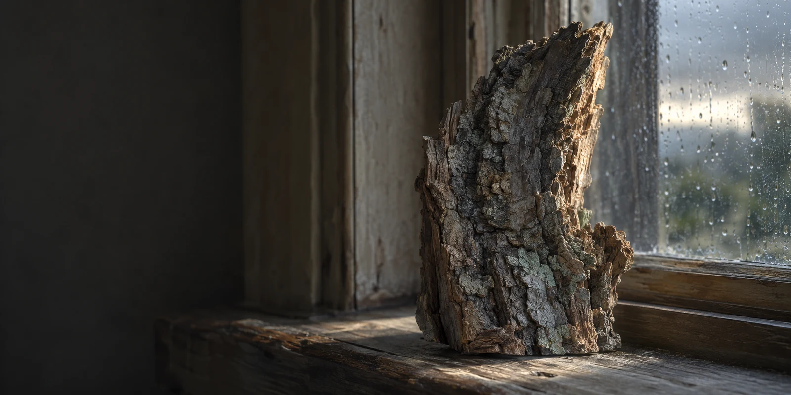 A thick, deeply fissured piece of grey-brown bark stands on a weathered wooden windowsill beside rain-speckled glass, lit by a warm strip of sunlight against a…