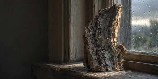 A thick, deeply fissured piece of grey-brown bark stands on a weathered wooden windowsill beside rain-speckled glass, lit by a warm strip of sunlight against a…