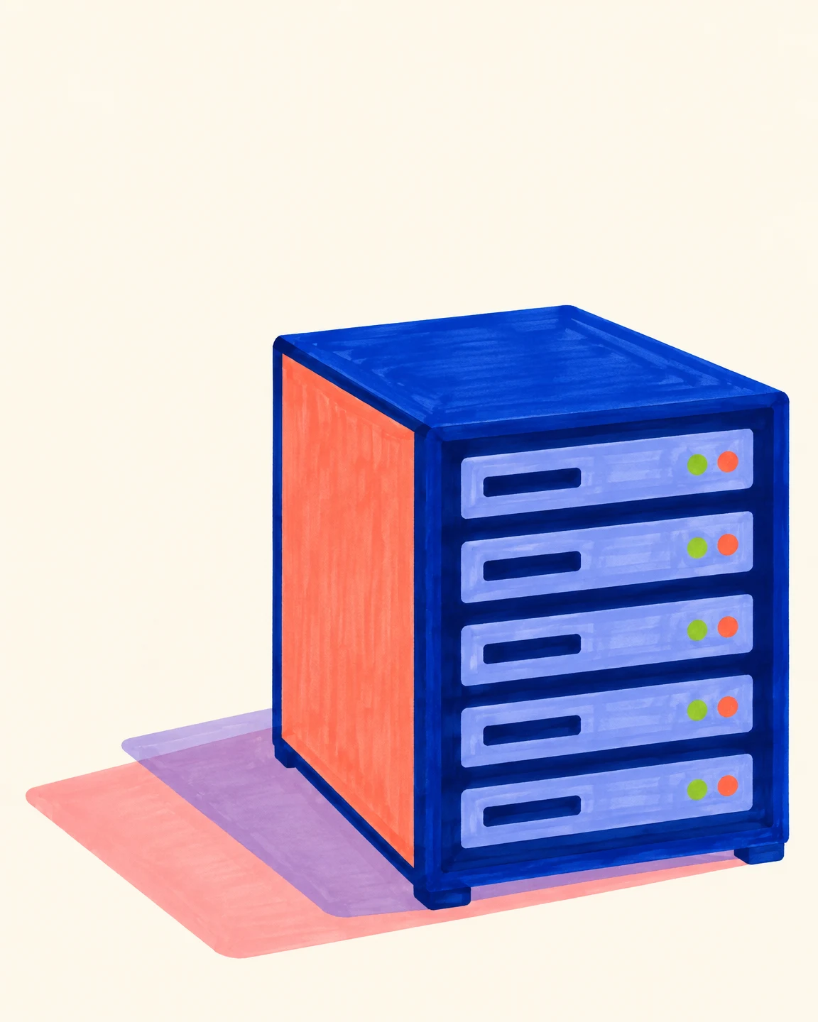 A cobalt-blue server rack with five horizontal units, each showing a short dark vent and two colored indicator dots, is viewed from above at an angle.