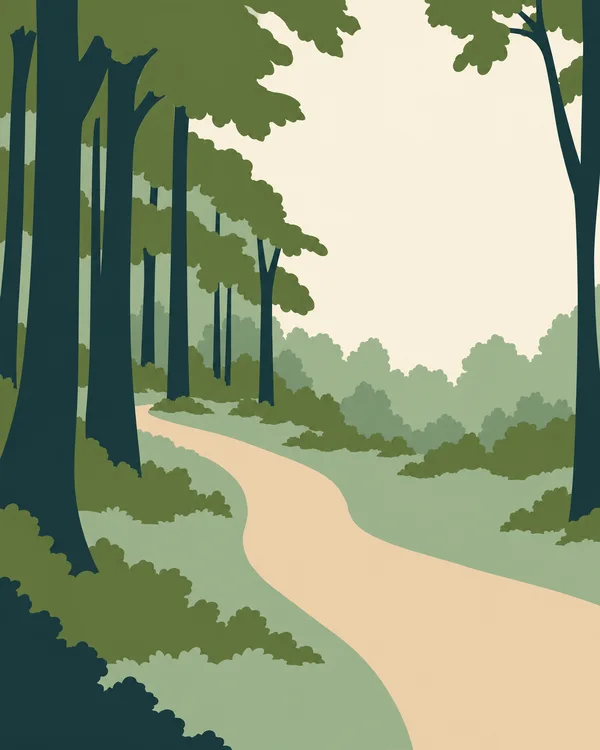 A winding sand-coloured path curves through a stylized forest of dark teal trunks and layered green foliage, beneath a large pale-cream opening in the canopy.