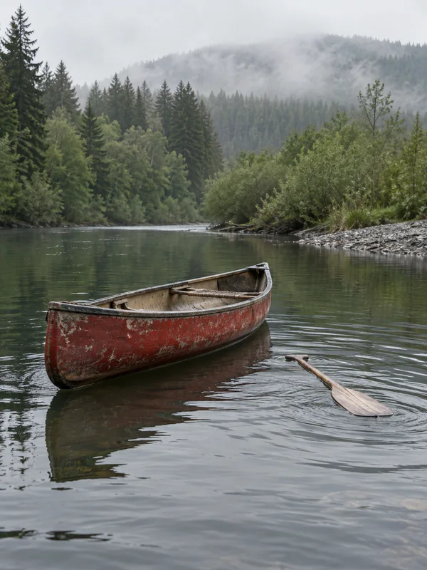 A weathered red canoe floats at an angle on a calm, misty river, with a wooden paddle drifting nearby and ripples around its blade.