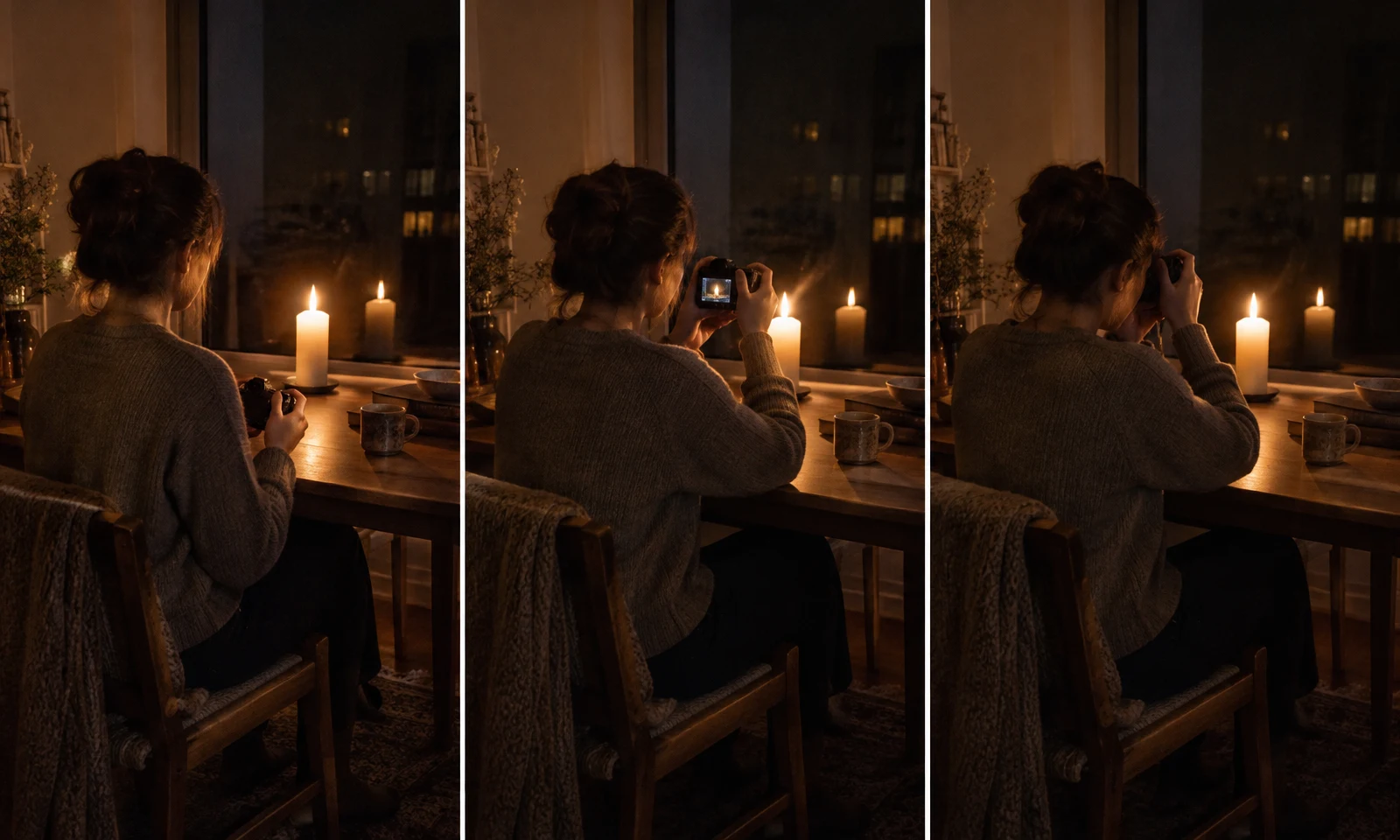 A person seated at a wooden table in a dim, candlelit room faces a dark window.
