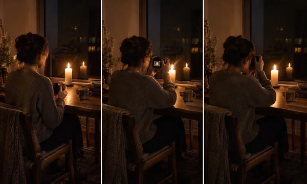 A person seated at a wooden table in a dim, candlelit room faces a dark window.