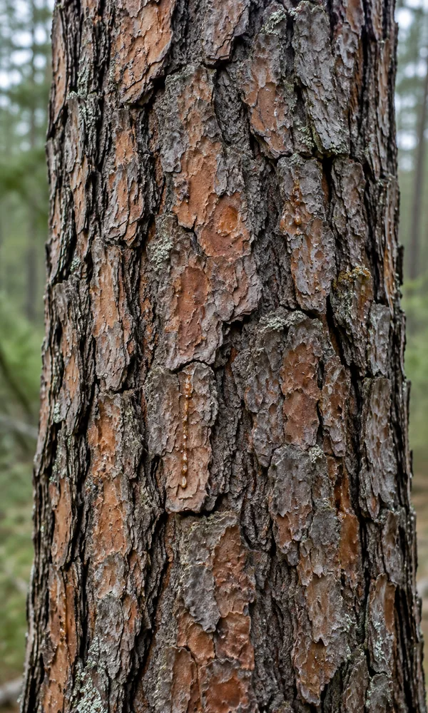 Close portrait of a mature tree trunk with layered rust-brown and grey bark, dark vertical fissures and pale lichen, against a softly blurred green woodland.