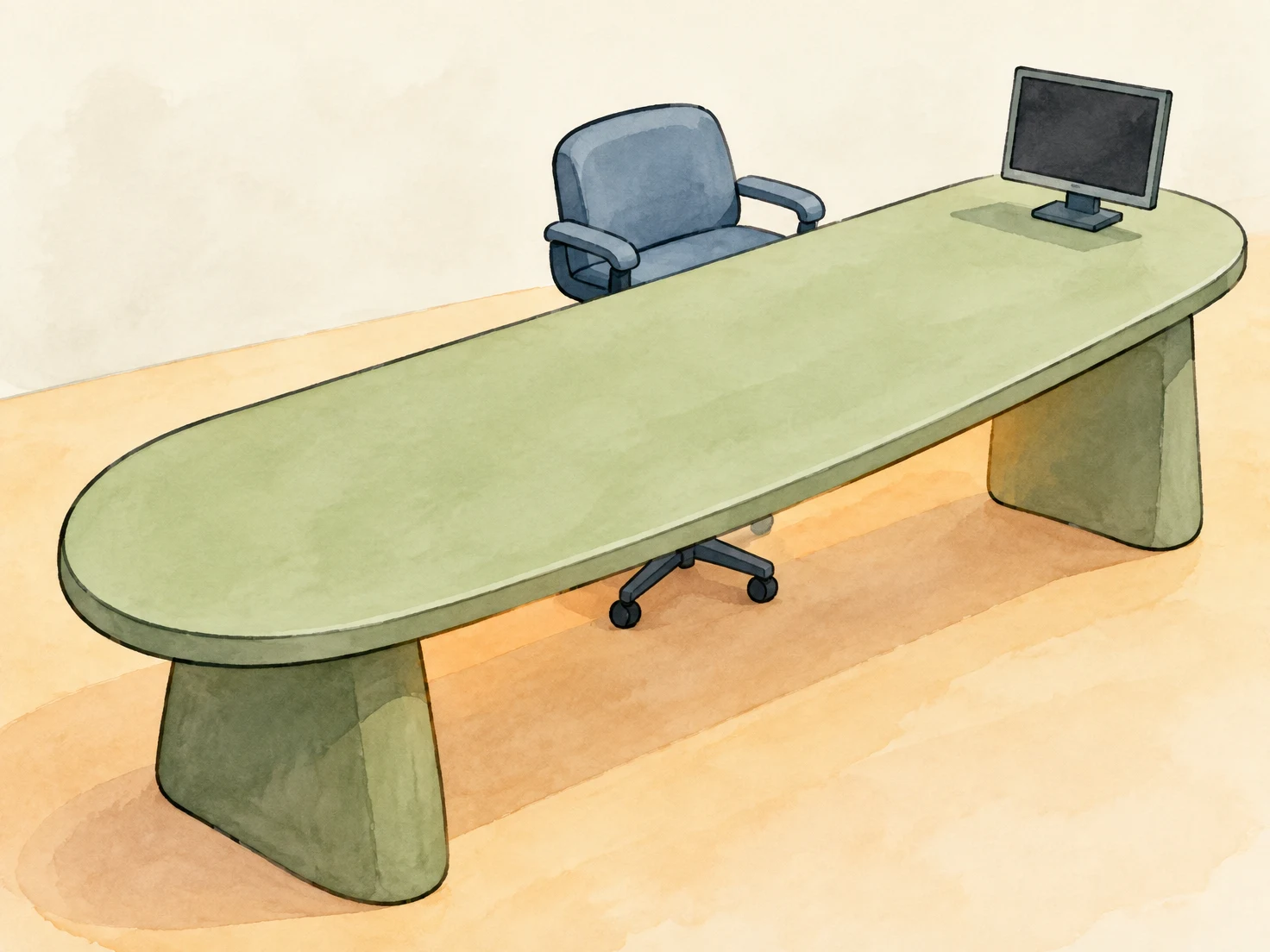 A watercolor-style illustration of a long lichen-green office desk with a dark-screen monitor at one end and a blue-gray swivel chair behind it, set against a…