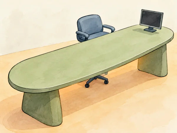 A watercolor-style illustration of a long lichen-green office desk with a dark-screen monitor at one end and a blue-gray swivel chair behind it, set against a…
