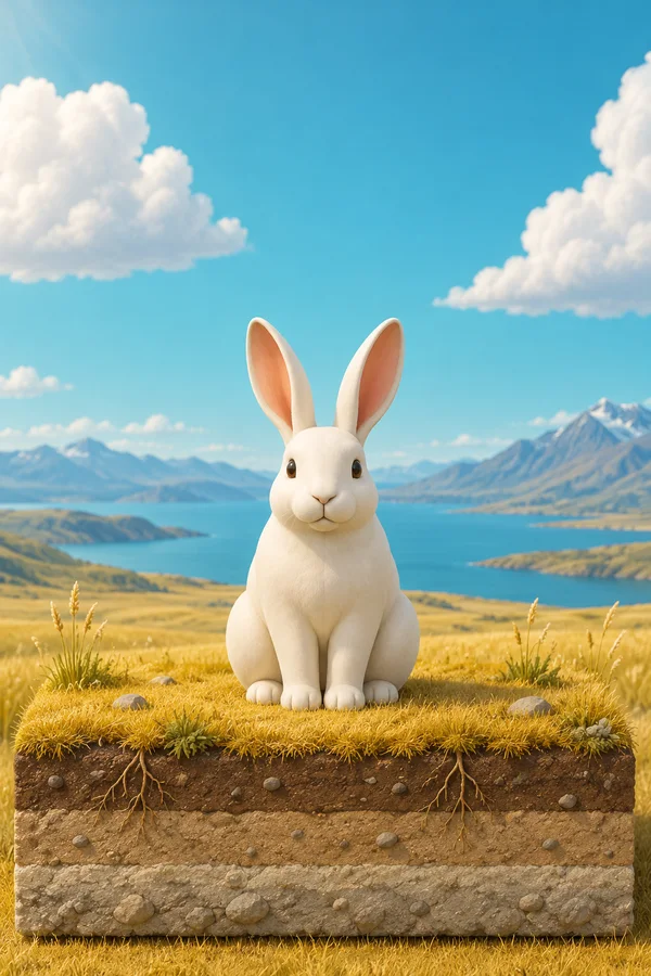A forward-facing ivory rabbit sits on a rectangular grass-covered soil cutaway with three visible earth layers and exposed roots.