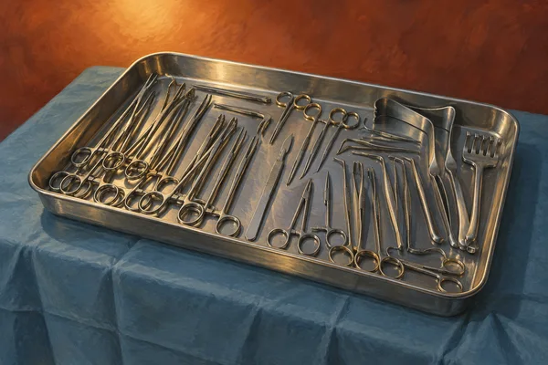 An elevated three-quarter view of a stainless-steel tray densely filled with surgical instruments on a slate-blue drape, against a warm terracotta background.