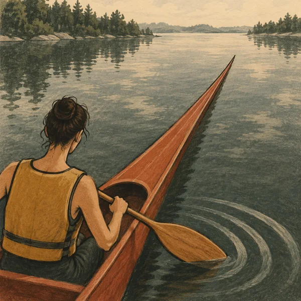 A person in an ochre flotation vest paddles a very long rust-coloured canoe across a muted green river, with broad ripples curling around the paddle blade and…
