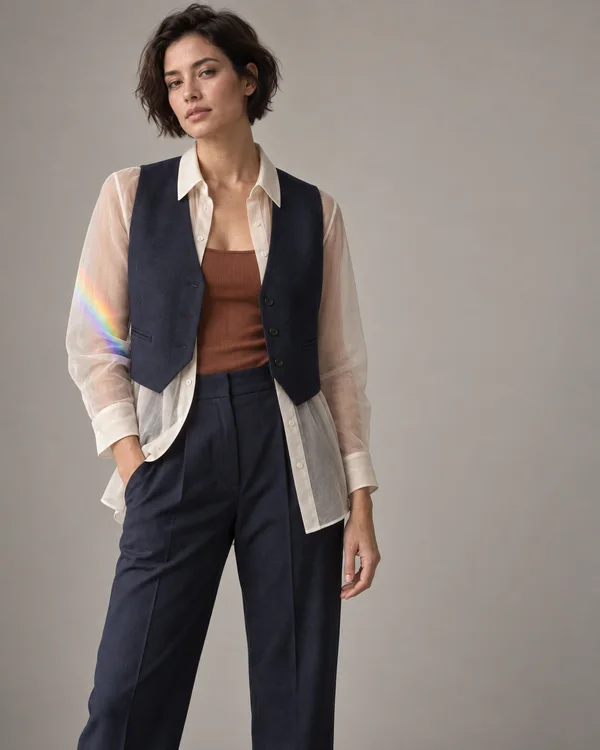 A short-haired woman stands against a warm light-gray studio backdrop in a navy waistcoat and trousers layered over a cinnamon top and a sheer ivory button-up…