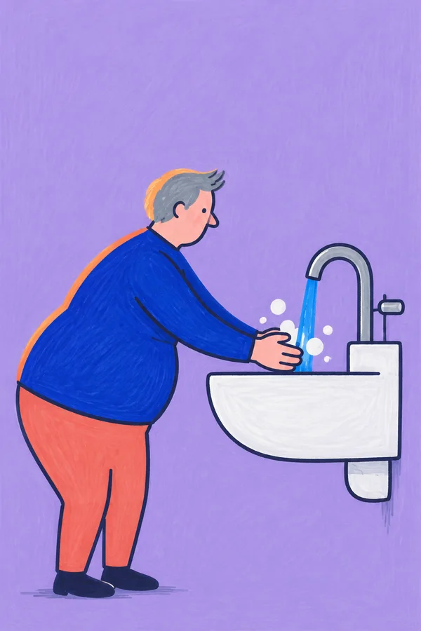 A grey-haired adult in a cobalt shirt and coral trousers leans toward a white wall-mounted basin, holding their hands beneath a blue stream from a curved tap…