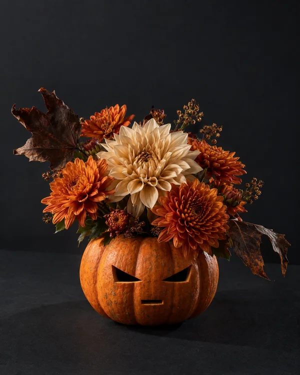An orange pumpkin carved with angular eyes and a straight mouth holds a dense arrangement of orange chrysanthemums and one large cream dahlia on a charcoal…