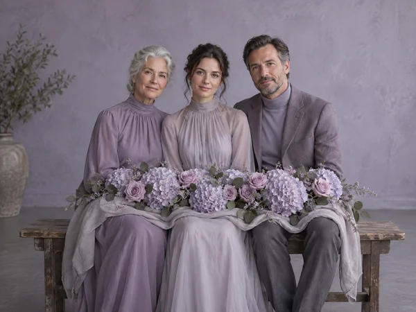 Three adults of different ages sit close together on a weathered wooden bench, facing the camera behind a broad arrangement of pale lilac hydrangeas and…