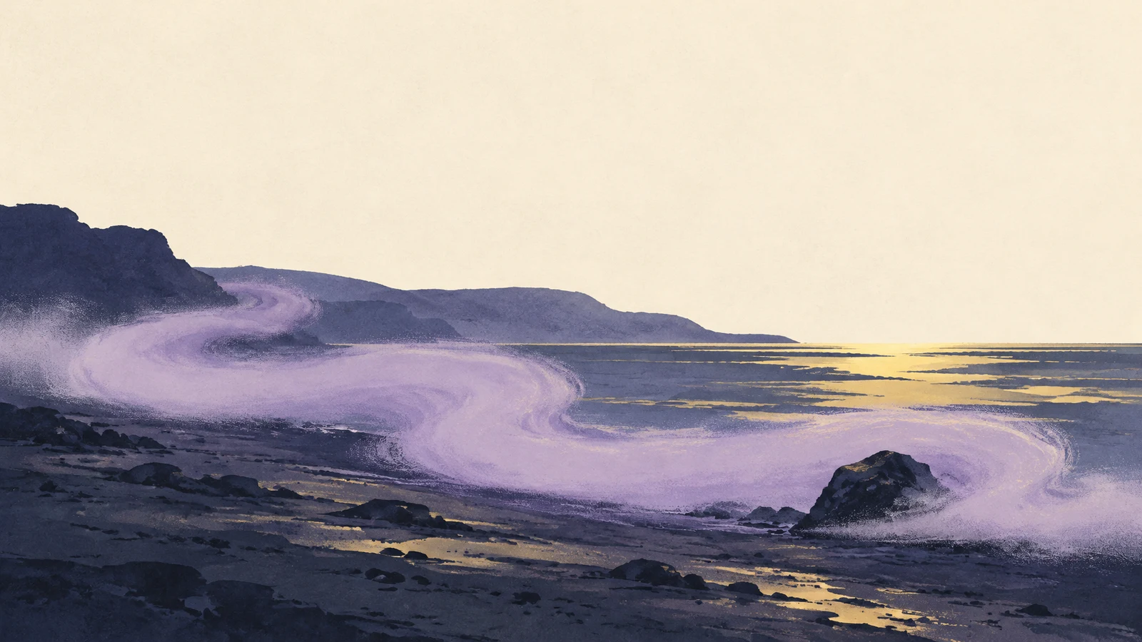 A broad pale-violet ribbon of mist curls across a dark indigo shoreline and around a dark rock near the lower-right, with muted yellow water and distant low…
