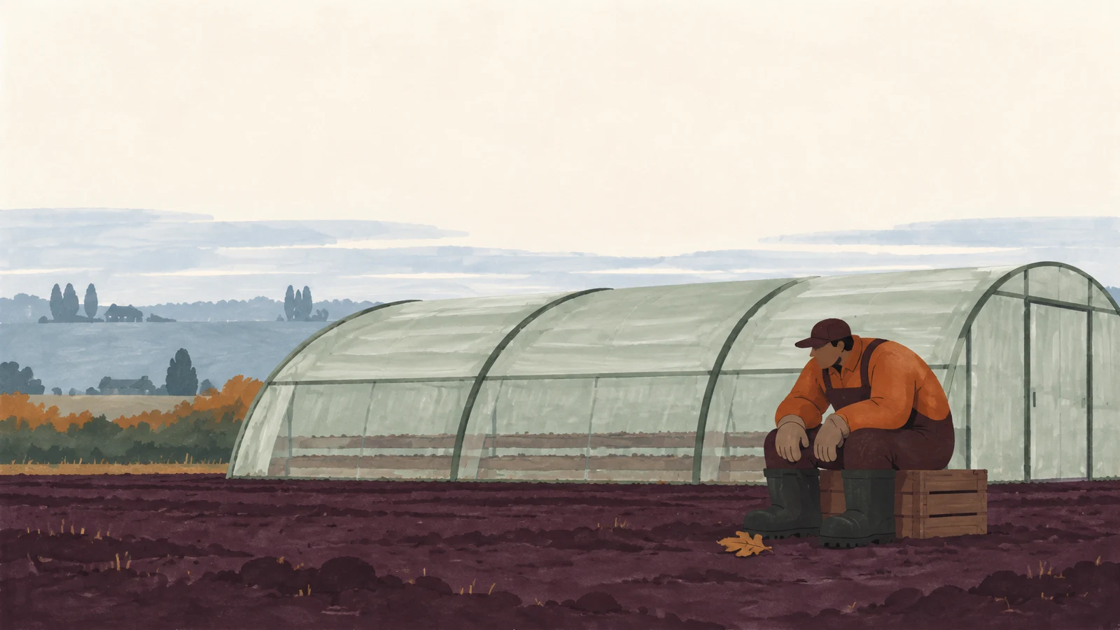 A seated worker in an orange jacket rests on a wooden crate beside a long curved greenhouse, with bare planting beds visible through its translucent panels.