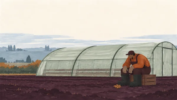 A seated worker in an orange jacket rests on a wooden crate beside a long curved greenhouse, with bare planting beds visible through its translucent panels.