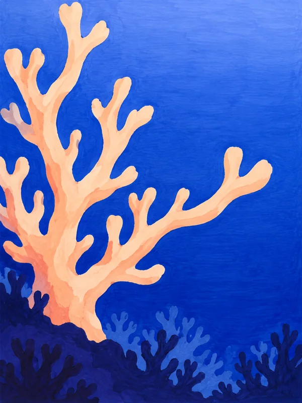 A large pale-peach branching coral rises from a dark reef ledge on the left, extending into open blue water above dark indigo and muted-blue coral silhouettes…