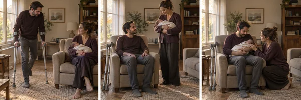 Three-panel living-room sequence: a man using forearm crutches approaches an armchair while his partner holds a swaddled newborn; he then sits with the…