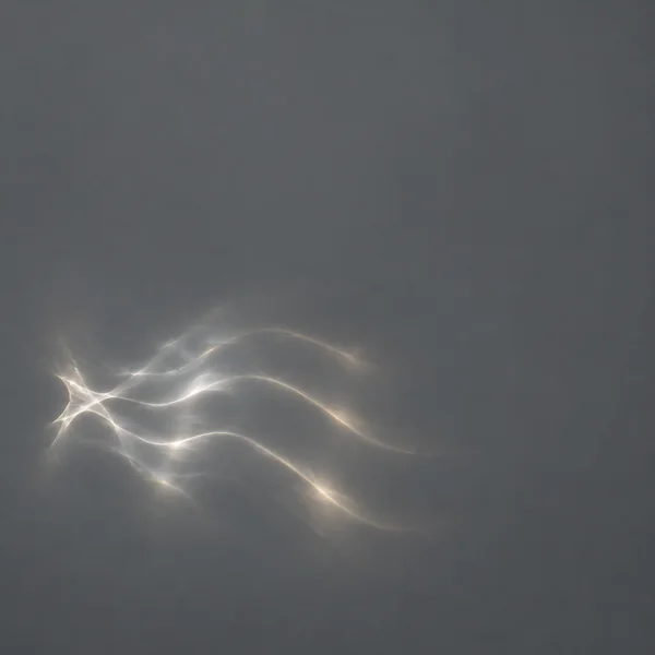 A cluster of soft silver-white and pale gold light filaments sweeps in wavering bands across the lower-left area of a slate-grey field, with broad empty space…