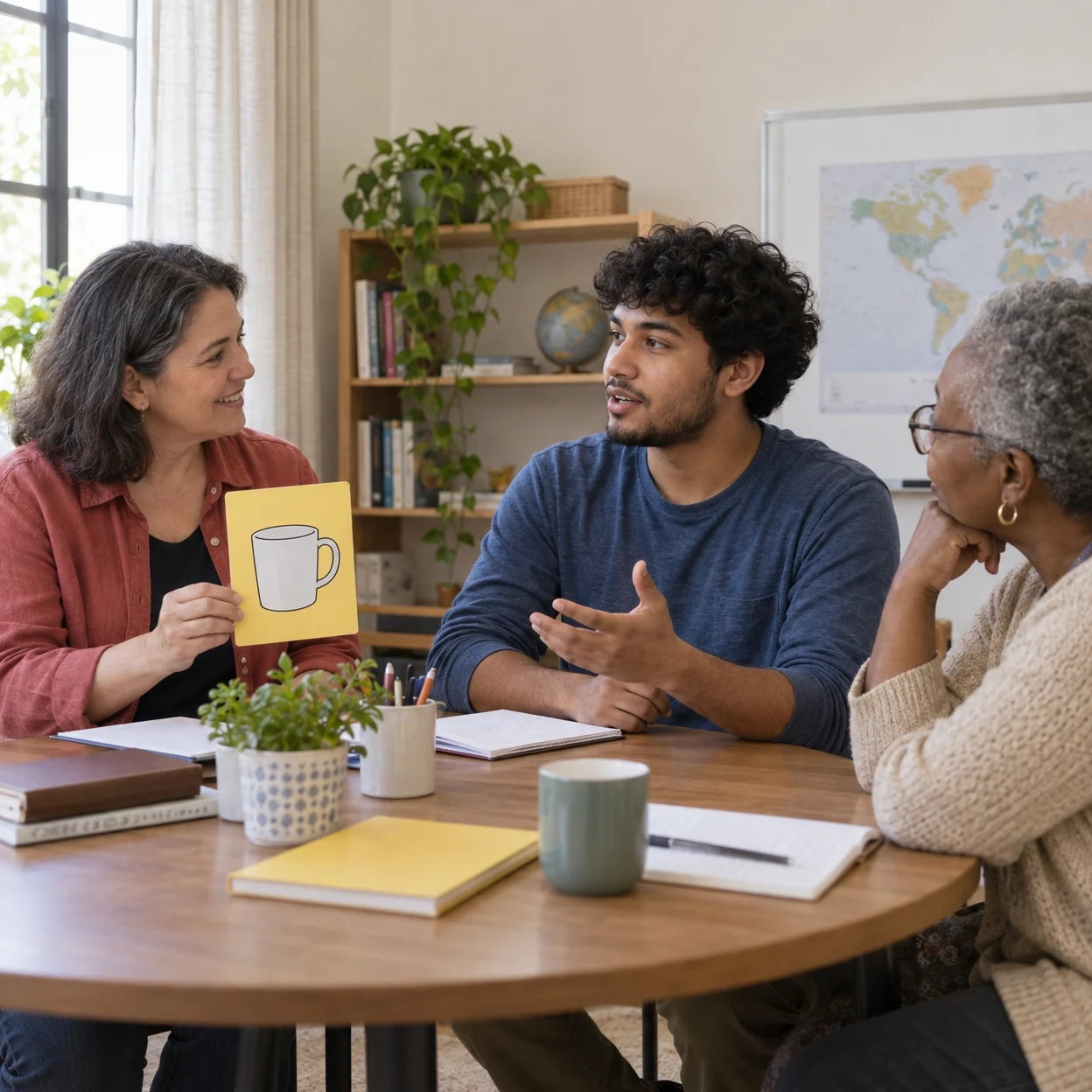 Three adults sit around a wooden table in a classroom.