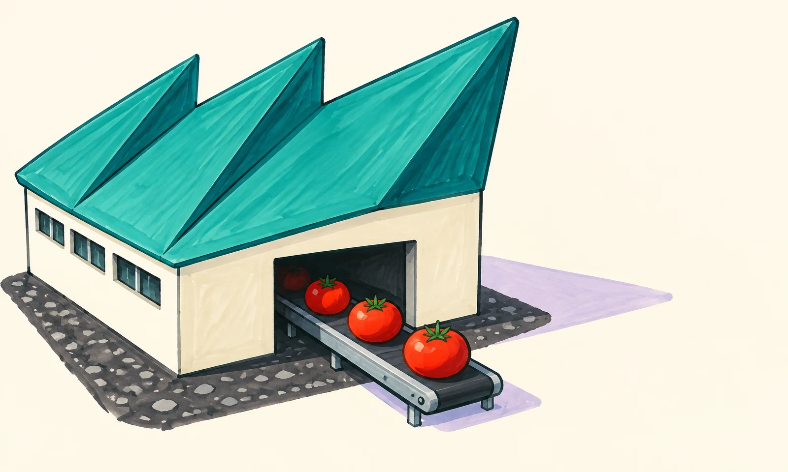 A compact ivory food-processing plant with a large teal sawtooth roof sits on a dark speckled base.