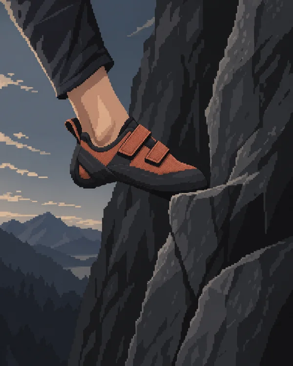 A copper-and-black climbing shoe with two straps edges a narrow rock ledge, attached to a bare lower leg entering from the upper left.