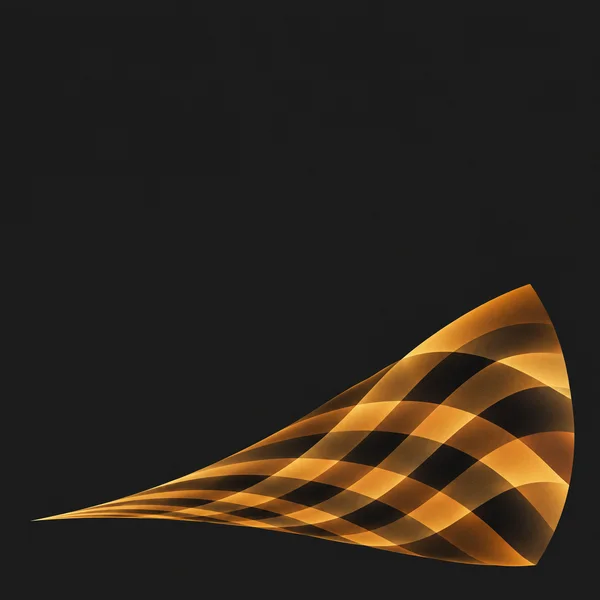 A sweeping asymmetrical amber fan of intersecting wavy bands stretches across the lower half of a charcoal square, narrowing to a point on the left and rising…