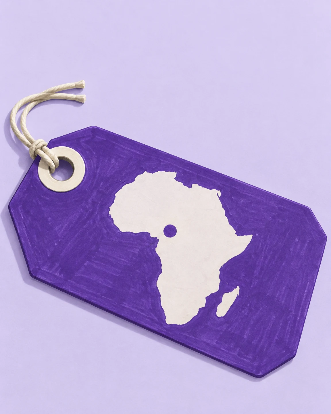 A broad violet shipping tag lies diagonally on a pale lilac surface, with a cream cord threaded through a large eyelet.