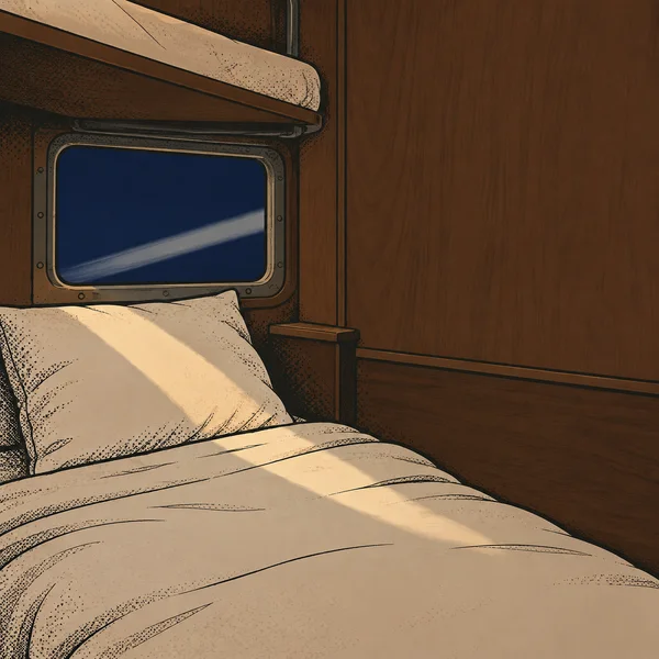 An empty sleeper-train compartment with an oversized cream lower berth, a small rounded window showing midnight blue, and a diagonal band of light across the…