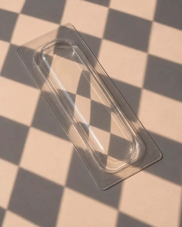 A clear, empty thermoformed blister insert lies diagonally on a pale peach tabletop, crossed by a crisp checker pattern of light and shadow.