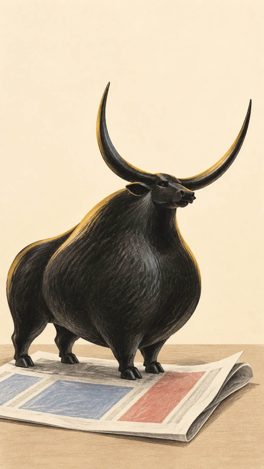 A stylized black bull figurine with long upward-curving horns stands on a folded newspaper printed with broad blue and red blocks on a warm ivory tabletop.
