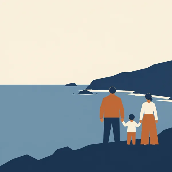 A family of two adults and a small child stands hand in hand on a dark coastal ridge, viewed from behind and facing a blue sea beneath a warm ivory sky.