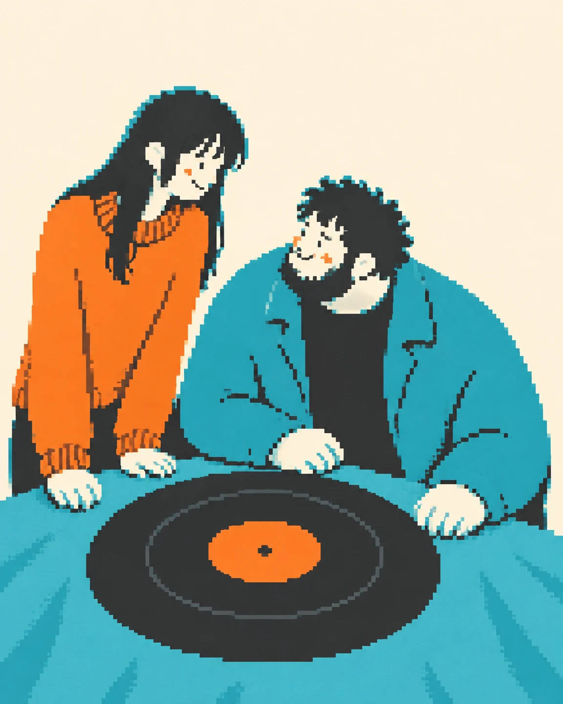 A tall orange-clad figure and a broad figure in a cyan jacket lean toward each other over a large charcoal vinyl record on cyan fabric, against a warm cream…