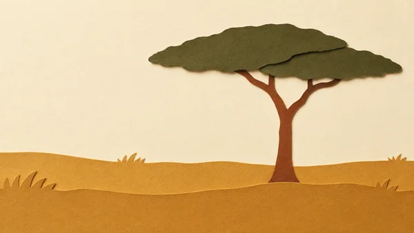 A cut-paper illustration of a broad-canopied acacia with a russet branching trunk in ochre savanna grass beneath an ivory sky.