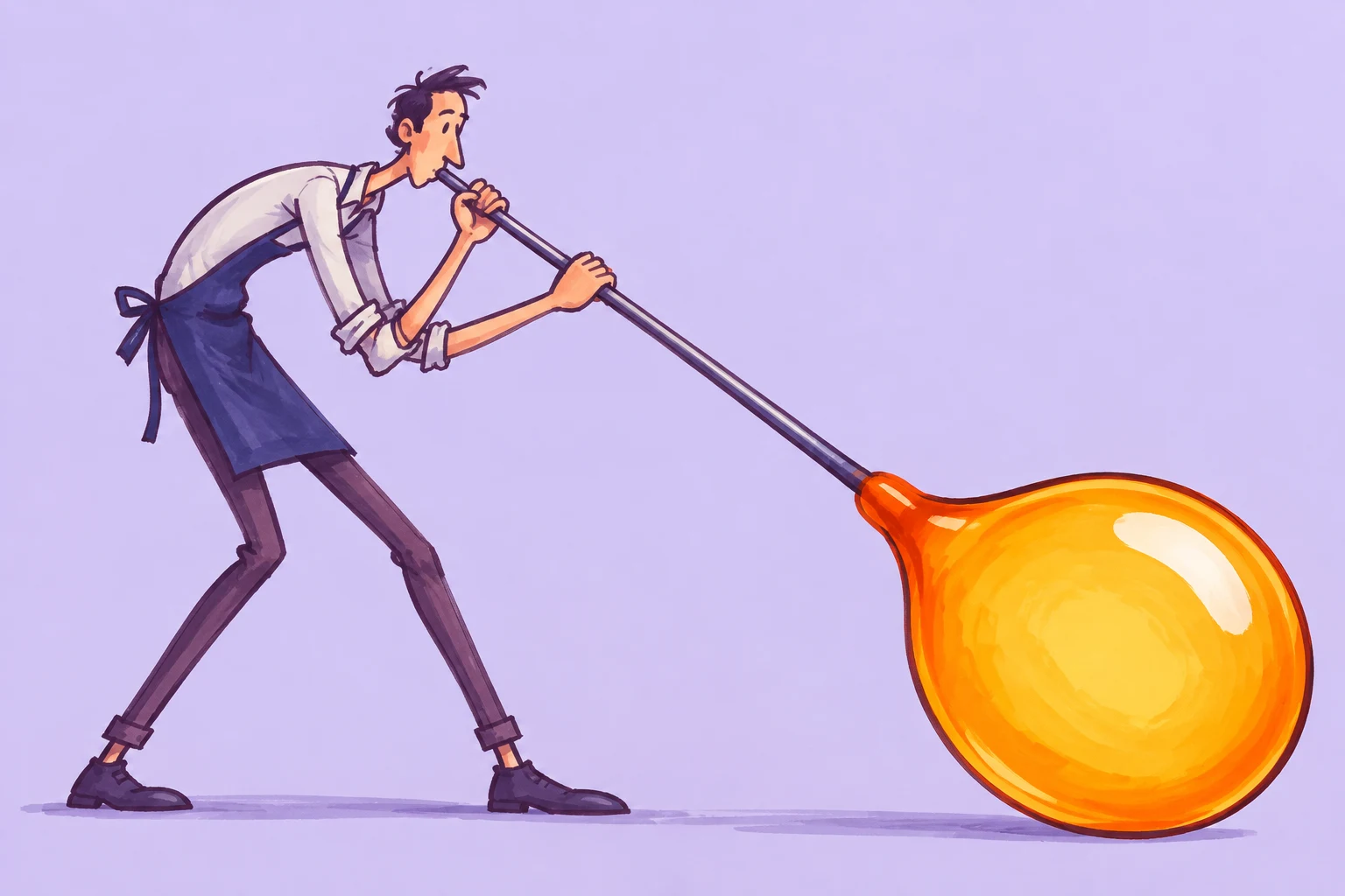 A lanky glassblower in a navy apron leans forward, holding a long steel blowpipe that slopes down to an oversized glowing amber glass bubble on a pale lavender…
