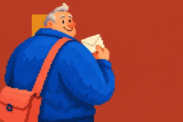 A cheerful older character in a bright blue jacket turns over one shoulder, holding a cream envelope near the chest.