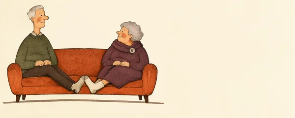A silver-haired older man and a short, broad older partner sit at opposite ends of a rust-orange sofa, their cream-socked feet meeting near the center.