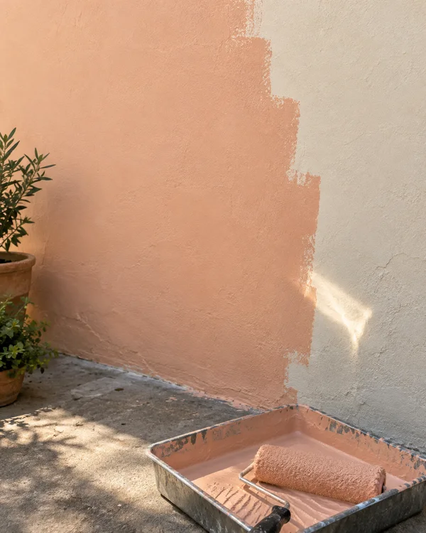 A courtyard wall is partly covered in pale peach paint, with an uneven vertical edge against warm off-white plaster.