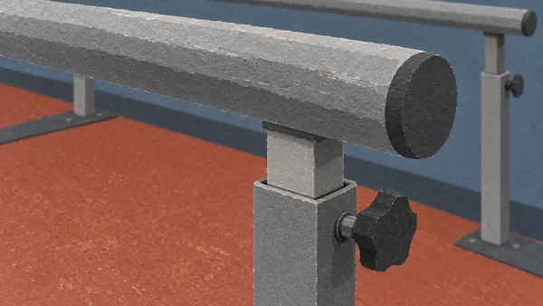 A close-up of a graphite-grey tubular handrail and telescoping upright with a black tightening knob, set against a clay-red floor and a second rail in the…