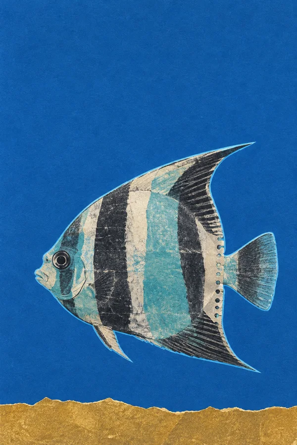 A turquoise, ivory and charcoal paper-collage angelfish with bold dark bands floats against a saturated blue textured field above a torn golden-ochre strip.