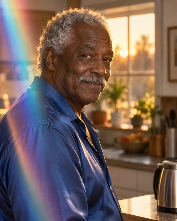 An older man with short silver curls and a silver moustache looks toward the camera in a cobalt-blue shirt, standing in a warmly lit kitchen.