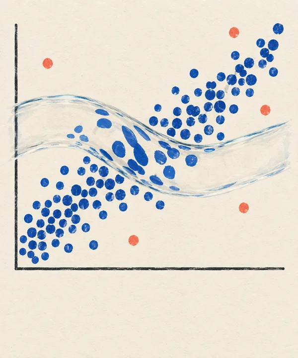 A stamped-print-style scatter plot on textured ivory paper shows chunky cobalt dots rising from lower left to upper right, with coral outliers and charcoal…