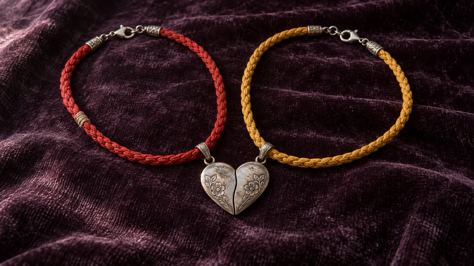 Two braided necklaces, one red and one golden yellow, lie in oval loops on dark plum velvet.