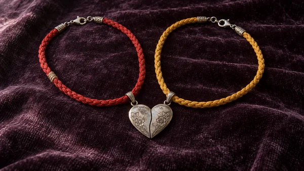 Two braided necklaces, one red and one golden yellow, lie in oval loops on dark plum velvet.