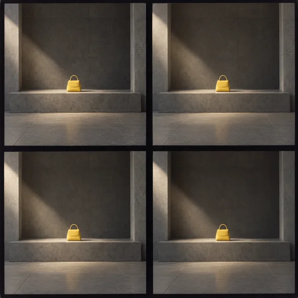 A two-by-two contact-print grid shows the same small yellow handbag centered on a broad ledge in a monumental charcoal-gray concrete alcove, with a spotlight…