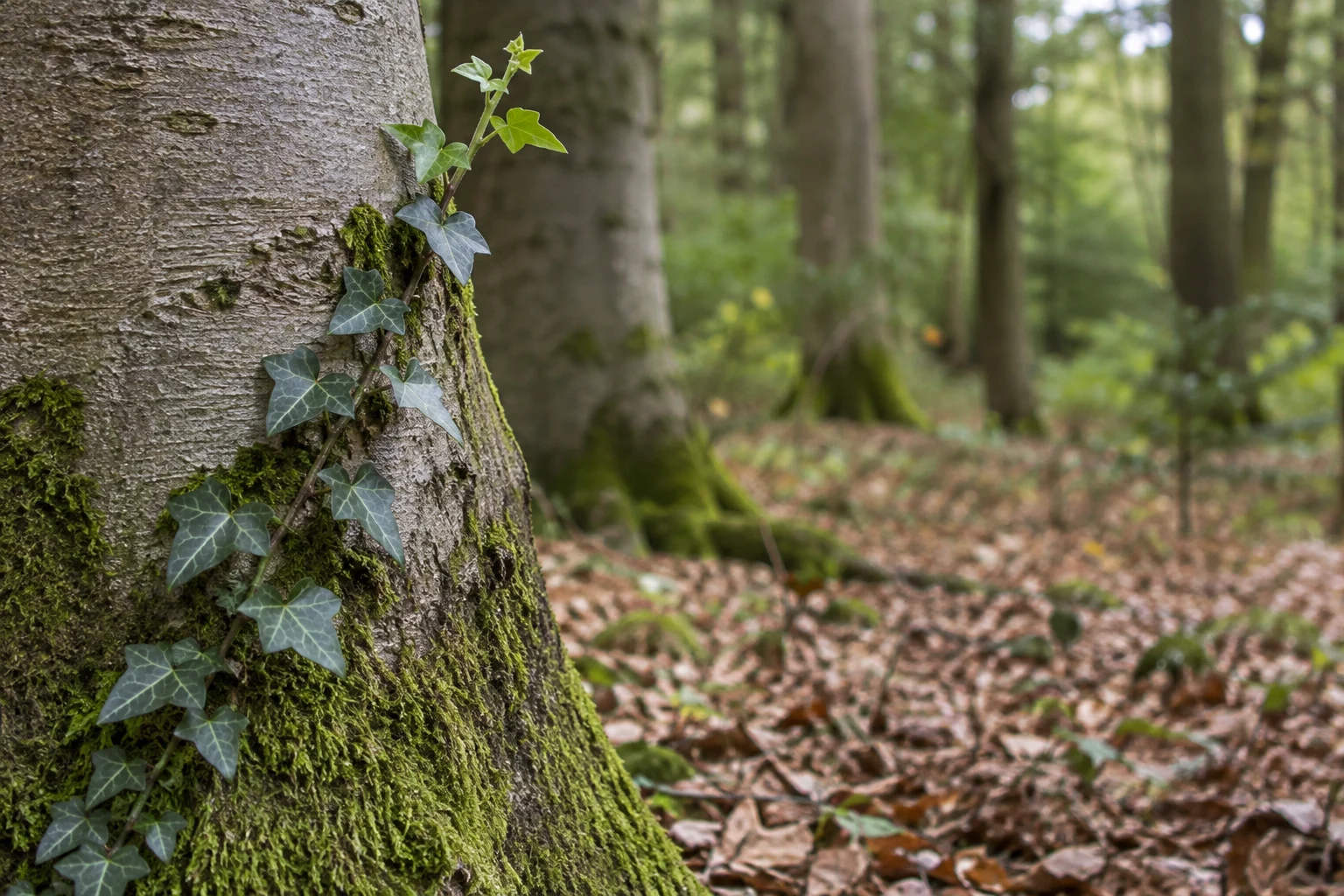 A climbing ivy vine with pale-veined leaves and fresh light-green shoots climbs a moss-covered grey tree trunk; fallen leaves and softly blurred woodland…