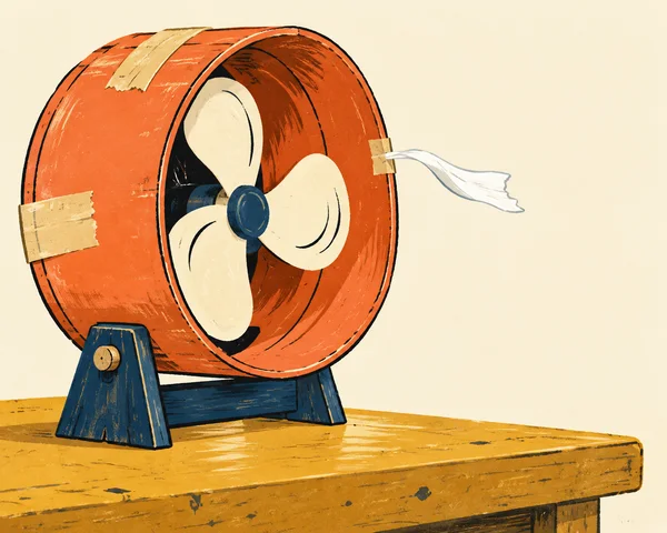 A large coral-orange cardboard desktop fan with three cream blades sits on a dark-blue wooden stand atop an ochre workbench.